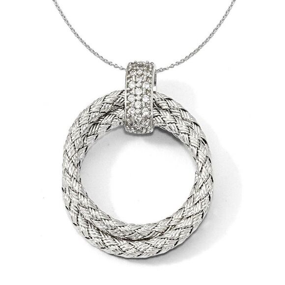 Rhodium Plated Silver & CZ Braided Round 22 x 29mm Necklace - 24 In